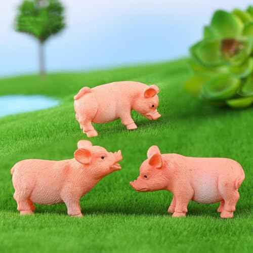 3 Pcs Realistic Pink Pig Figurines ? Mini Animal Cake Toppers, Micro Landscape Fairy Garden Decor, Desk Decorations, Collectible Piggy Figurines for Birthday and Christmas Gifts