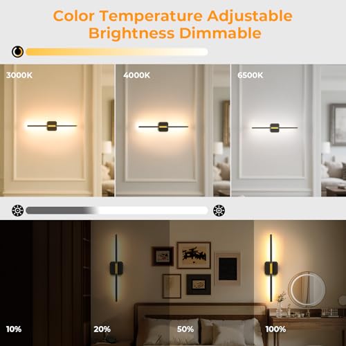 Battery Operated Wall Sconces Set of 2 - 360° Rotatable, Dimmable, Black Square Base