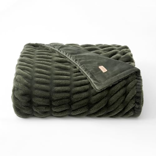 EverGrace Twin Faux Rabbit Fur Throw Blanket 60x80 Loden Green - Luxurious Cozy Bedding