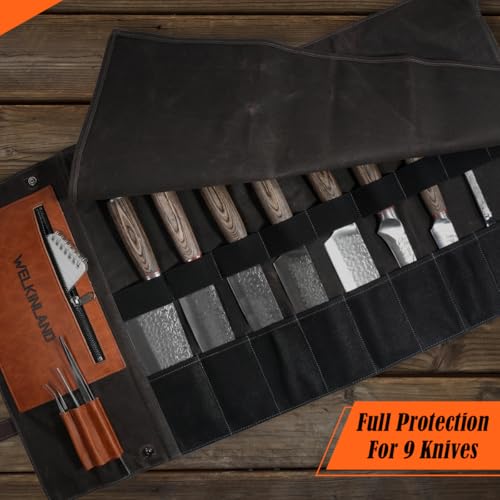 WELKINLAND Heavy-Duty Canvas Leather Knife Roll Bag with 13 Pockets