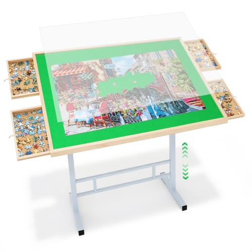 Fanwer 1500 Pieces Tilting Puzzle Table with 4 Drawers & Cover - White / Natural Wood / Standard Set