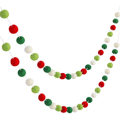 Boao 2 Pack Christmas Felt Ball Garland 19.6ft - Red, Green & White