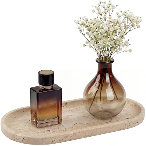 Natural Travertine Beige Oval Marble Tray - 11.8 x 5.9 Vanity Organizer - Variation of Natural Travertine Beige / 11.8" x 5.9"