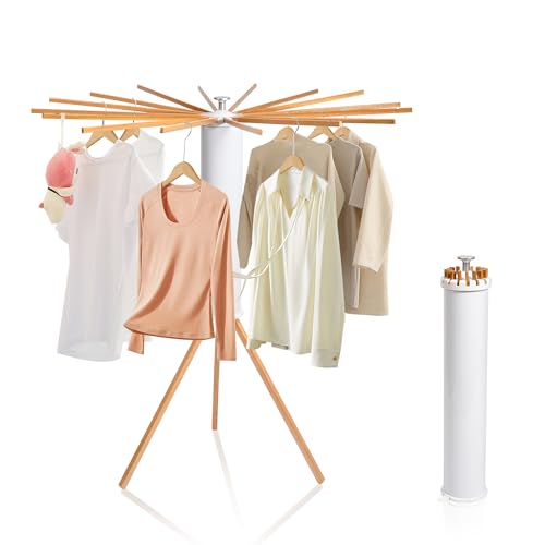 Natural Wood & White Clothes Drying Rack with 16 Arms, Foldable & Heavy-Duty