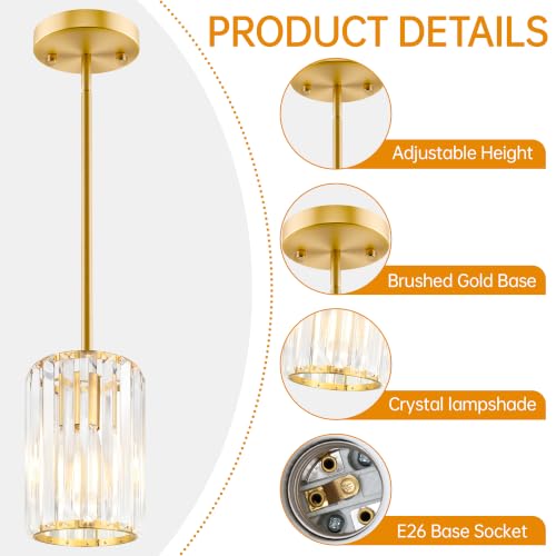 Esfos Gold Pendant Lights 3 Pack - Modern Crystal Kitchen Island Pendant with Adjustable Height, UL Certified, E26 Base