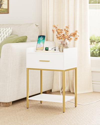 Nightstand with Charging Station, Modern Bedside Table Drawer and
