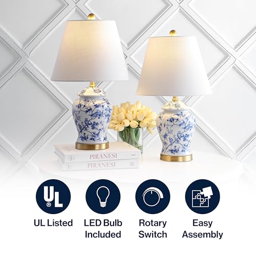 JONATHAN Y Penelope Set of 2 Blue/White Ginger Jar LED Table Lamps, 22"