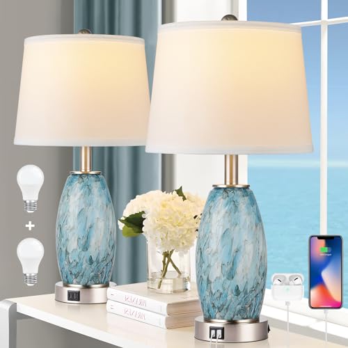 Light Blue Coastal Modern 23.5-Inch Table Lamps Set of 2 with USB Charging Ports