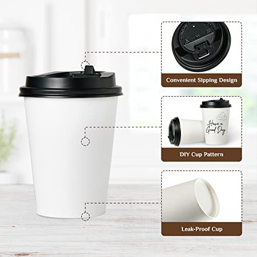 White 12 OZ Disposable Paper Coffee Cups with Lids - 500 Pack
