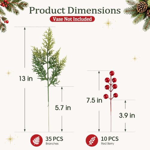 45 PCS Cedar Greenery Stems with Red Berry Picks for Christmas Decor - Artificial Holiday Plants