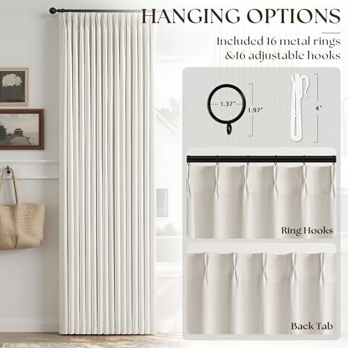 90 Inch Blackout Linen Curtains - Natural 50W x 90L Double Panel Set - Pinch Pleat, Full Privacy