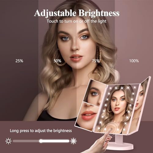 HUONUL Pink 2X/3X/10X Lighted Trifold Makeup Mirror with Adjustable Brightness