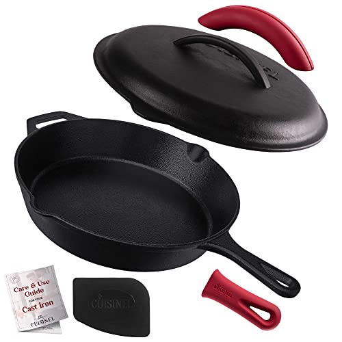 Cuisinel 12-inch Cast Iron Skillet with Lid - Pre-Seasoned Frying Pan Set with Silicone Handles & Lid Holders