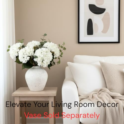 RyddeligHome White Faux Hydrangea & Eucalyptus Floral Arrangement for Vase — Real Touch Artificial Flowers for Home Decor