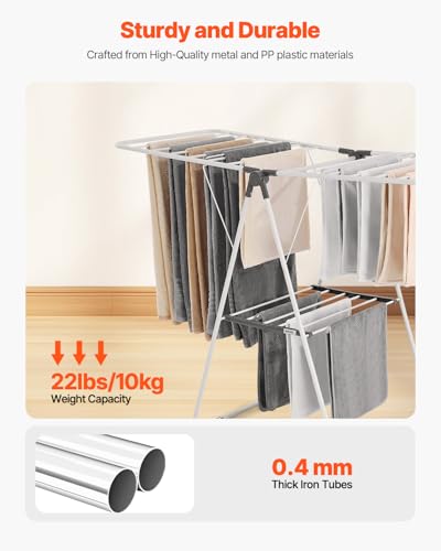 Foldable Laundry Drying Rack 2-Tier with Sock Clips, 21 Rods, Adjustable Height, Space-Saving, White - 54.5"D x 23.6"W x 39.4"H