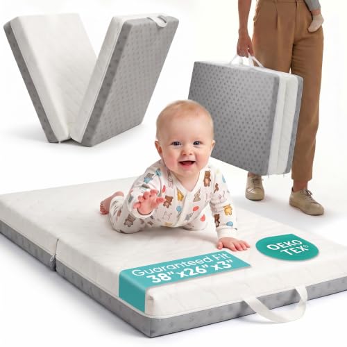 Grey Bi-Fold Memory Foam Pack and Play Mattress Pad 38x26x3 for Baby Cribs