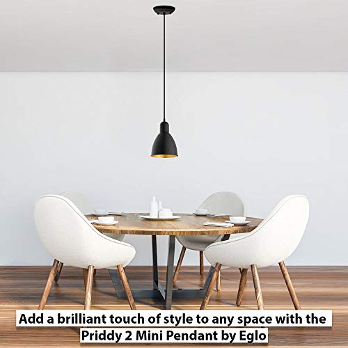 EGLO Priddy 1-Light Mini Pendant Hanging Lighting Fixture with Steel Shade for Kitchen Island, Hallway, and Dining Room, 60W, 82 in, Black and Gold