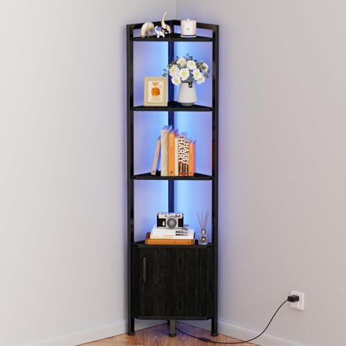 Furnulem 5-Tier Corner Shelf with LED Light - Black Oak Corner Cabinet with Doors