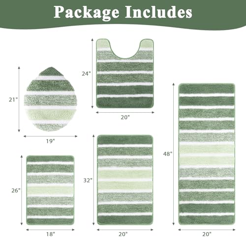 Yamaziot Sage Green 5-Piece Bathroom Rug Set with Non-Slip Backing - Light Green, 18x26, 20x32, 20x48, U-Shape & Cover