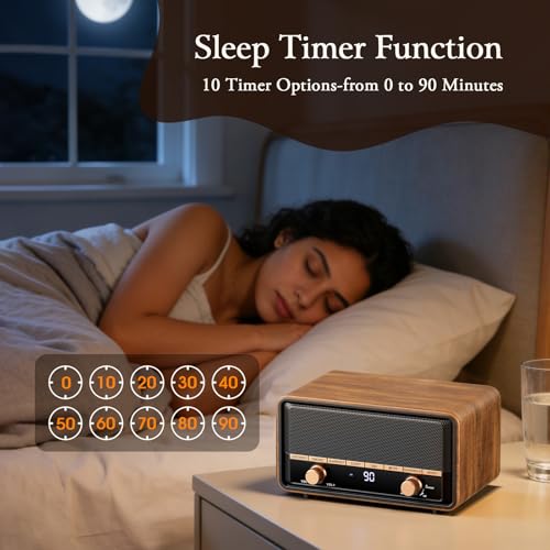 Vintage Wooden Bluetooth Clock Radio with AM/FM Reception - Deep Walnut