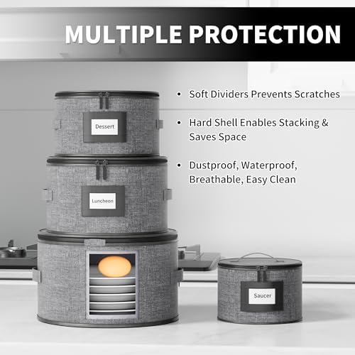 8-Piece Quilted China Storage Set with Felt Dividers - Grey