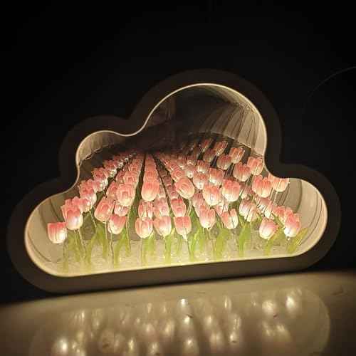 DIY Tulip Night Light,Cloud Tulip Mirror Night Light,LED Handmade Simulated Tulip Table Lamp,Room Desktop Decor for Teen Girls,Tulip lamp for Bedroom (Pink)