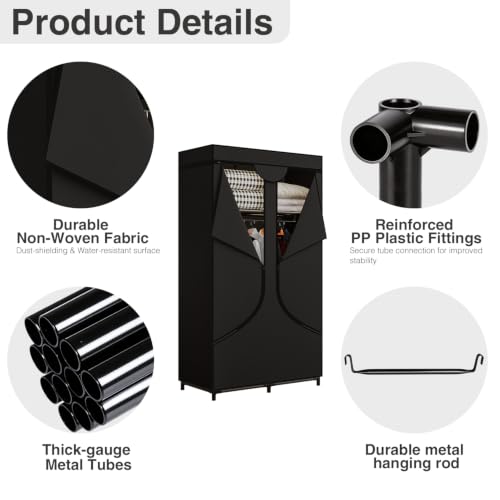 34 Inch Black Wardrobe Closet with Hanging Rods and Shelves - Large Capacity Storage