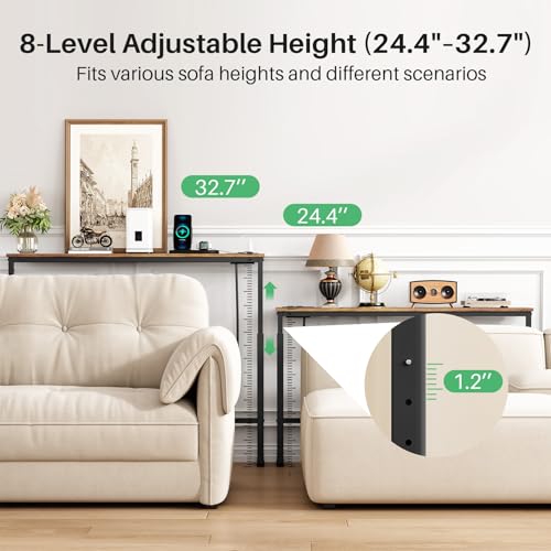 Kitstorack Rustic Brown Narrow Console Table Behind Sofa with Adjustable Height & Power Outlets - 5.9"D x 39.4"L