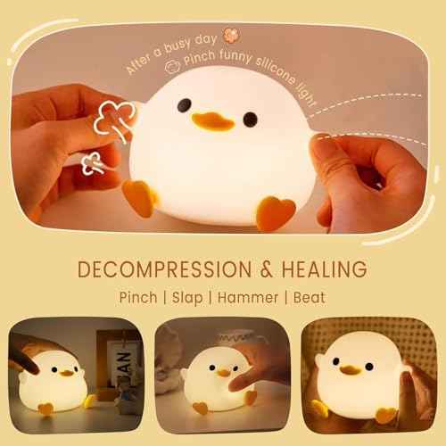 Duck Lamp, Cute Pea Duck Night Light, 2 Levels Dimmable Ducky Night Lamp, LED Squishy Animal Light for Kids Sleep, Rechargeable Bedside Touch Silicone Lamp, Unique Dorm Decor Gift Toy