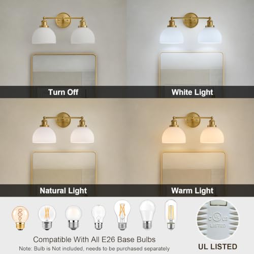Vintage Milk Glass Bathroom Light Fixtures - Gold 2-Light Vanity Lamp - Anti-Rust Bathroom Wall Sconce - Easy Install