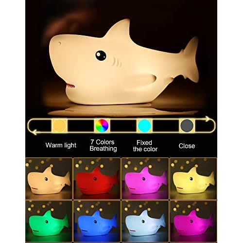 Shark USB Rechargeable Silicone LED Night Light for Kids, Multicolor Cute Nursery Light with Warm White and 7-Color Breathing Mode for Kids Baby Children Bedrooms