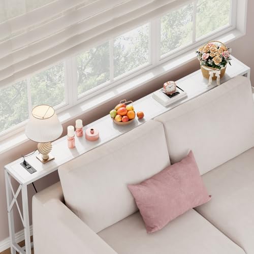 70-Inch White Sofa Table Behind Couch with Charging Station & Narrow Design - Modern Console