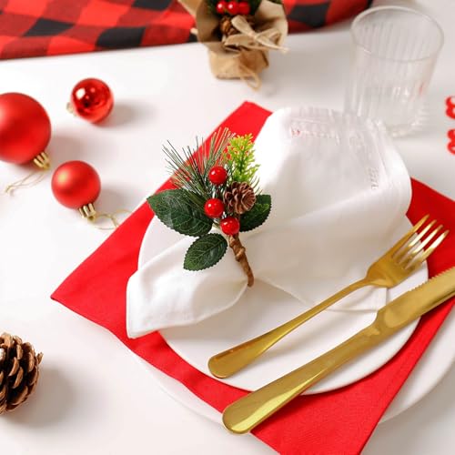Getfitsoo Christmas Pinecone Napkin Rings Set of 12 with Berry Leaves - Rustic Holiday Table Decor