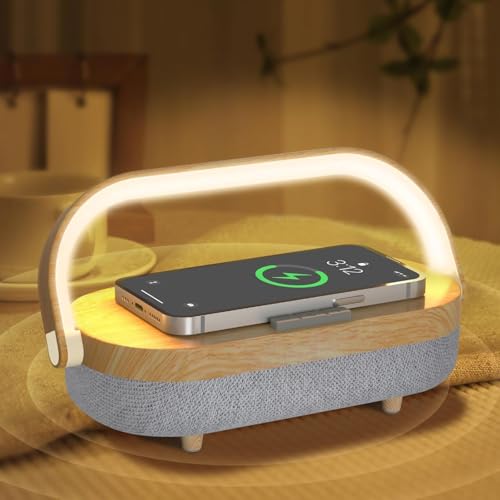 Wood Nightstand Lamp with Wireless Charger Bluetooth Speaker & Dimmable LED - 4 in 1 Touch Bedside Light