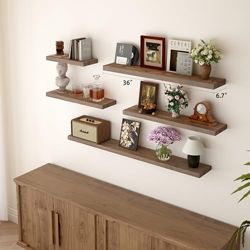 Dark Walnut 36-inch Floating Wall Shelves Set of 2 - Rustic Solid Wood Storage