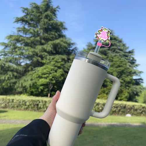 KSTBJN Christmas Straw Covers 6 Pack - Santa & Xmas Design, 10mm Fits Stanley Cups, Reusable Pink Straw Toppers, Holiday Drink Accessories (Style 1)