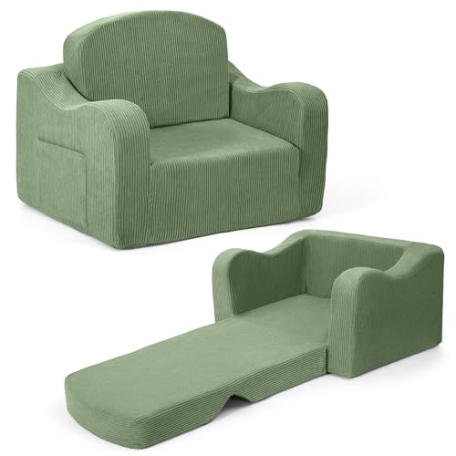 Airpanda Kids Sofa Chair 2-in-1 Fold-Out Foam Couch, Green Corduroy – Toddler Kids' Play & Reading Seat