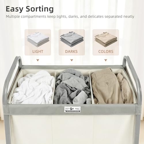 Beige 3 Section Laundry Hamper with Lid and Wheels - Extra Large 230L Storage Basket