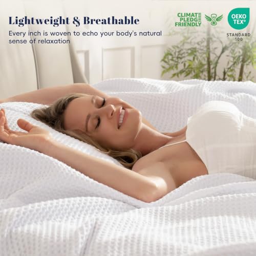 PHF 100% Cotton Waffle Blanket Lightweight Breathable, Queen Size,