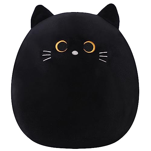 SQEQE Cat Plush Pillow Kawaii Cat Stuffed Animal Fluffy Plushies Doll Toy Soft Animal Shape Design Stuffed Animals Gifts for Kids(Black, 14 inch)