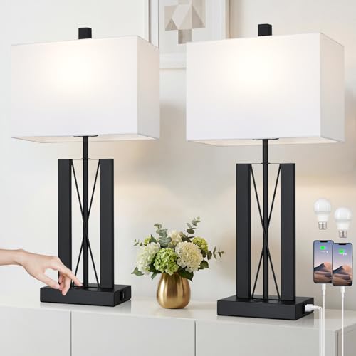 White 25-Inch Modern Table Lamps Set of 2 with USB Charging for Bedroom & Living Room