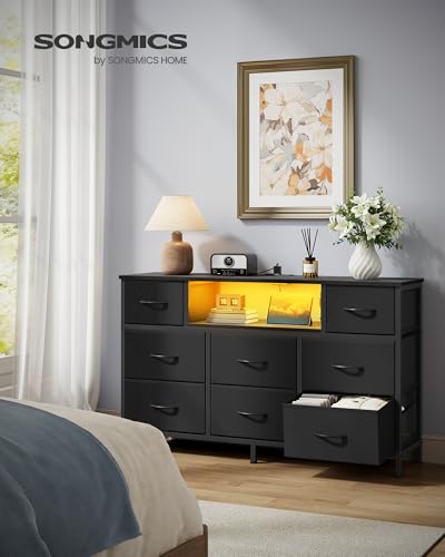 INK Black Dresser with Outlets & LED Lights - 8 Fabric Drawers, 44.8 W x 26.8 H