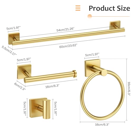 Brushed Gold Bathroom Hardware Set - 5 Pieces Stainless Steel Towel Racks & Accessories