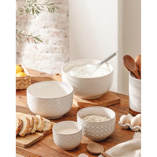 Mikiegy Ceramic Mixing Bowls Set of 4, Nesting Embossment Stoneware