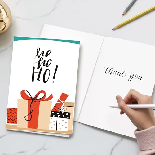 Ho Ho Ho Christmas Card with Festive Gift Box Illustration - Holiday Greeting Card for Friends & Family