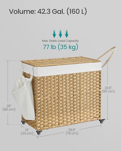 Laundry Hamper with Lid and 3 Sections - 160L Natural Synthetic Rattan Rolling Storage
