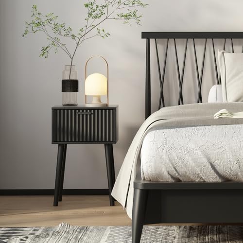 Nightstands Set of 2 - Small Bedside Tables with Fluted Door - Black, Fluted Style