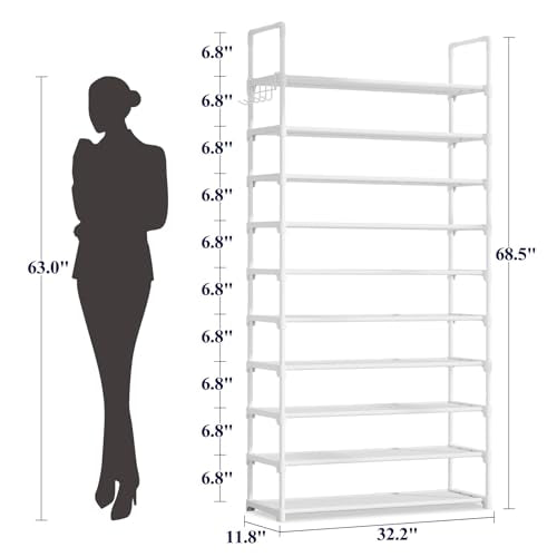 Kitsure 10-Tier Tall Shoe Rack Organizer - White, 32.2 x 11.8 x 68.5 Inches