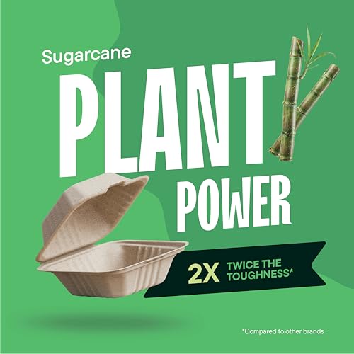 6x6 Compostable Clamshell Take Out Containers - 500-Pack, Heavy Duty, Sugarcane Fiber