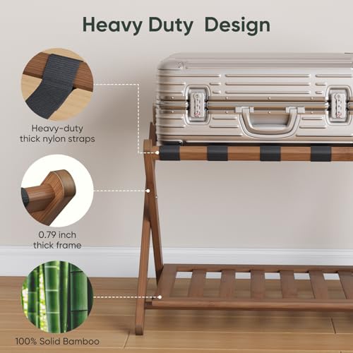Dark Walnut Luggage Rack with Folding Storage Shelf - 26.77" Fully Assembled